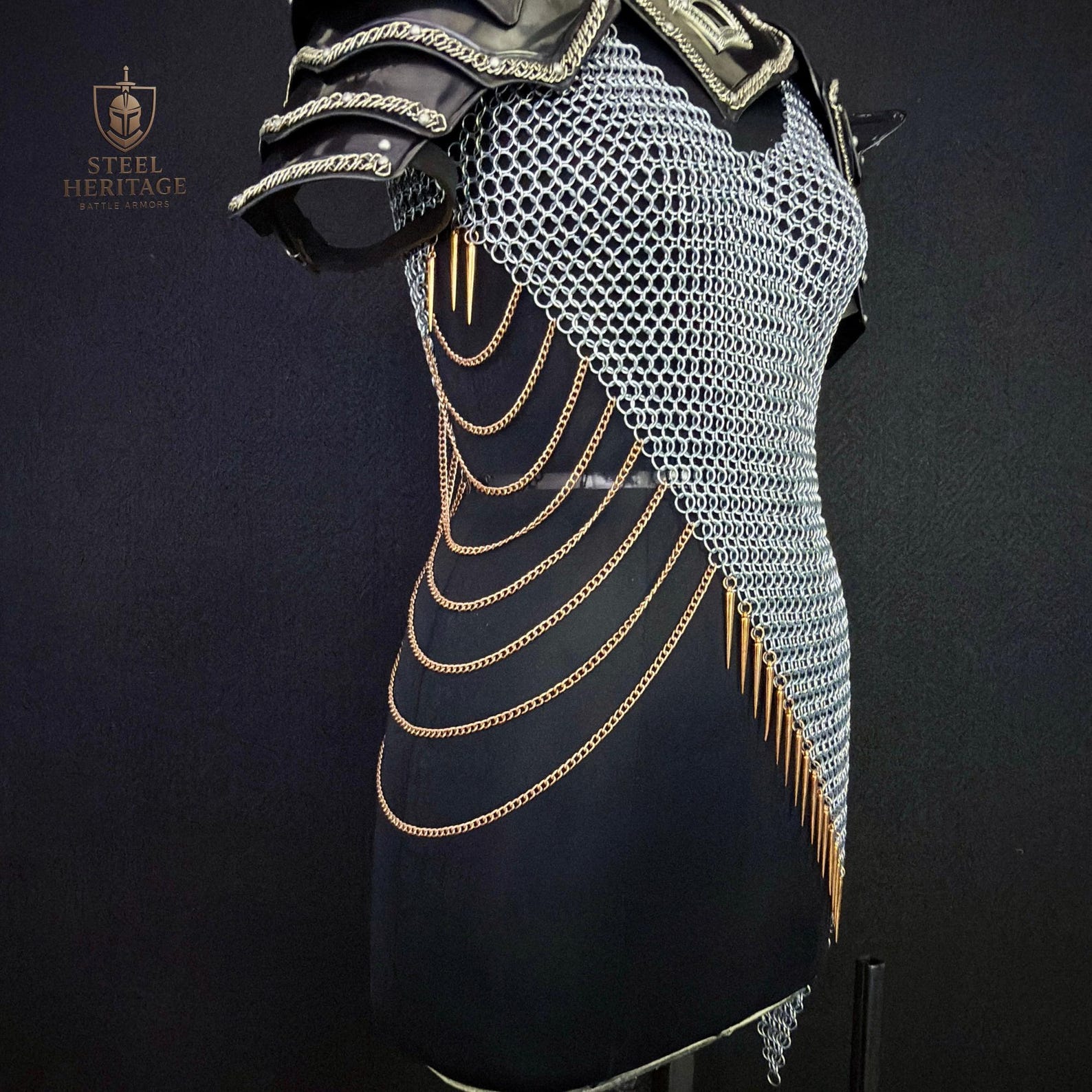 Women s Fantasy Warrior Costume with Chainmail and Shoulder Guards for LARP Cosplay Renaissance Faire gray Medieval Steel Works