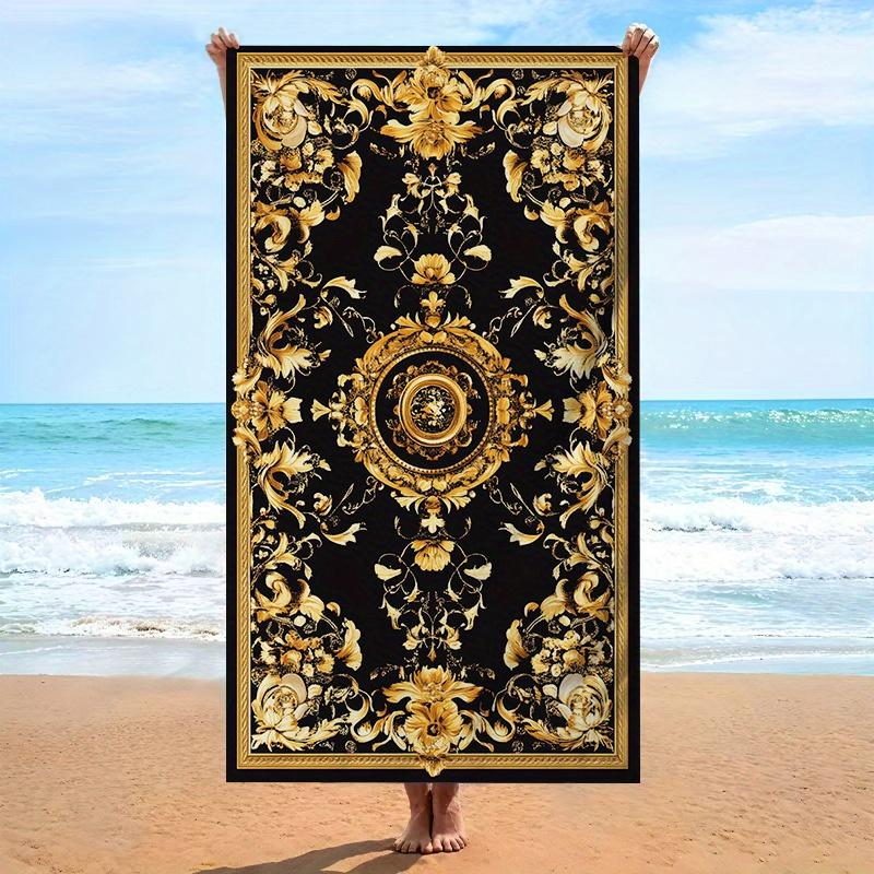 Luxury Black Golden Baroque Medallion Beach Towel, Oversized Soft Microfiber for Swimming Travel Camping W30*H60(CM) beige Dalangpa