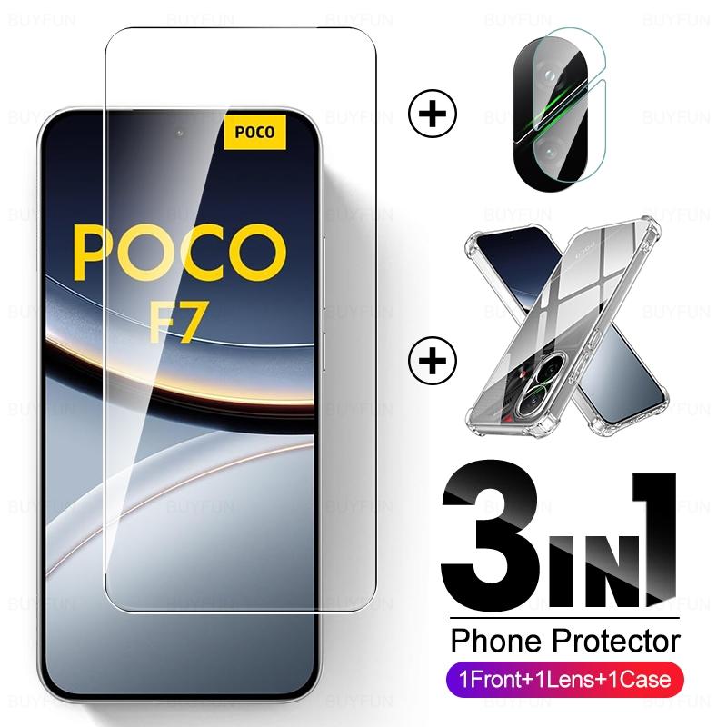 Чехол PocoF7 3-в-1 Прозрачный Кристалл ТПУ Мягкая Крышка Для Poco F7 5G Защита Объектива Камеры Экрана Закаленное Стекло Poko Little F 7 7F For Poco F7 5G gray Phone Case CSWO02