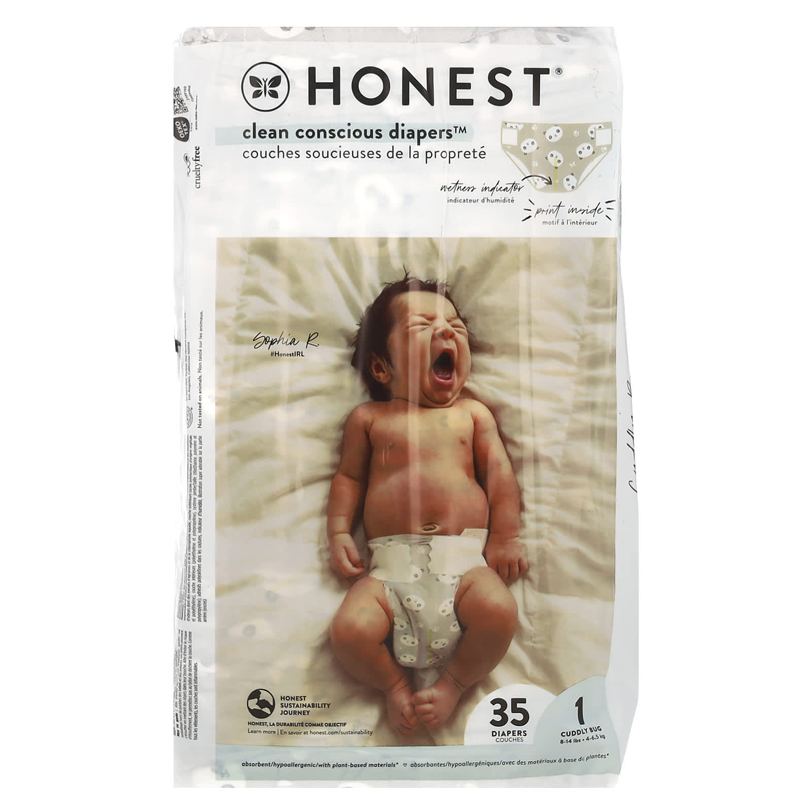 The Honest Company, Clean Conscious Diapers™, размер 1, 8-14 фунтов, панда, 35 подгузников beige
