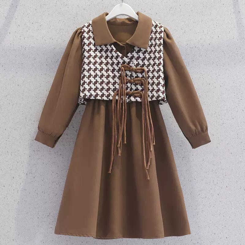 Жилет и платье-рубашка для девочек с узором «гусиная лапка» — комплект из двух частей в корейском стиле на весну и осень 170 cm хаки StrideBox