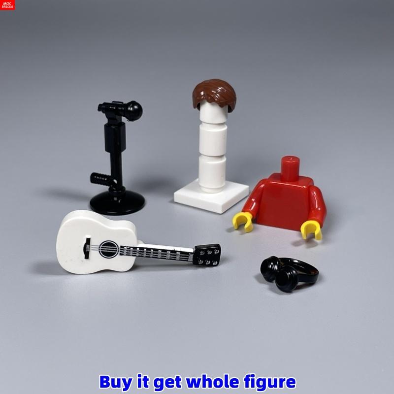 MOC Кубики Музыкальная Фигурка 4 см Головной Убор Гитара Микрофон Стойка Инструмент Образовательные Строительные Блоки Игрушки Подарки gray Professional fishing