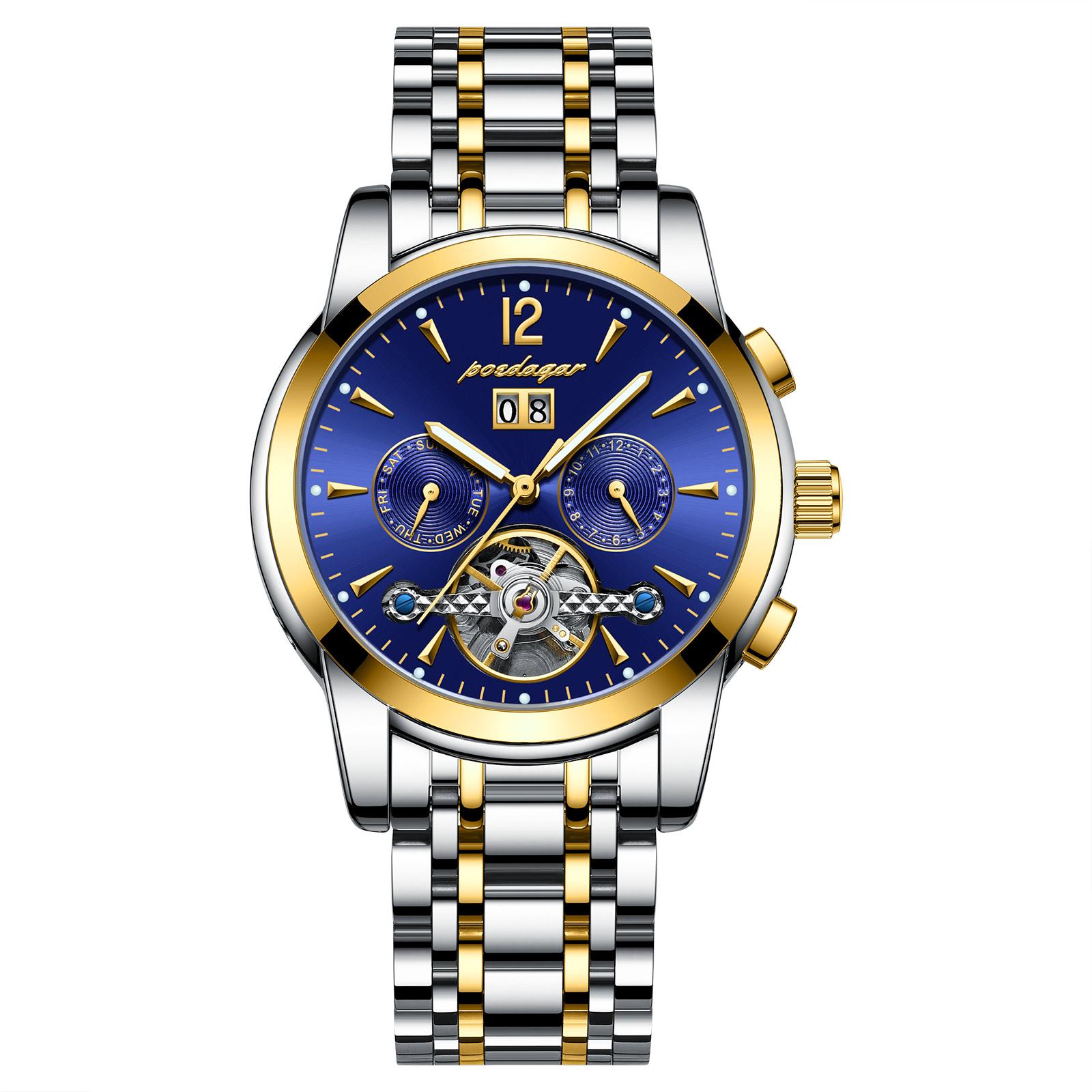 POEDAGAR Automatic Mechanical Luxury Wristwatch Tourbillon Waterproof Date&Week Stainless Steel Men Watch + box золотой/синий