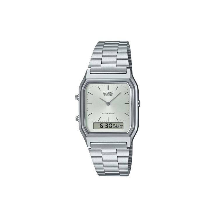 Casio Waterproof Quartz Movement Stainless Steel Watch Silver Dial Unisex Watches AQ-230A-7AMQY Random Watch Box,Silver Dial white