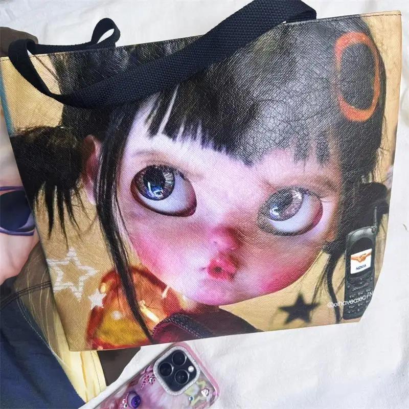 Double-sided Printed Large Capacity Tote Bag For Women Rock Style Canvas Shoulder Bag Laptop Handbag Daily Commute Underarm Bag gray TOP HOME-002