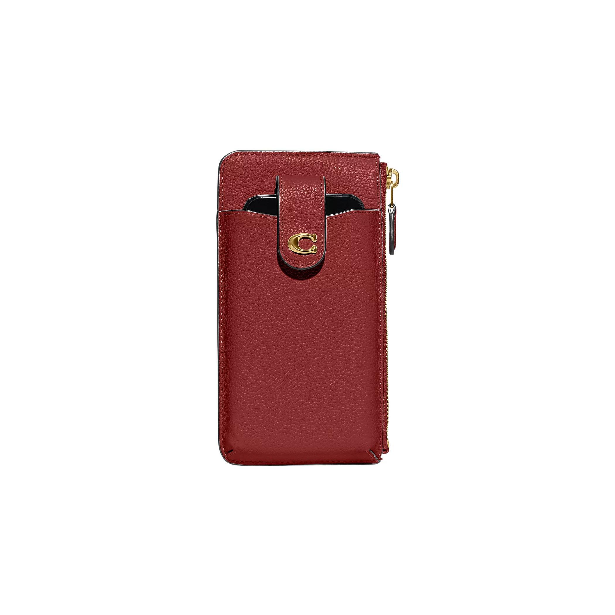 Coach Essential 10 Кошелек-чехол для телефона с золотым логотипом из полированной кожи гальки Женский кошелек Эмалево-красный CJ866-B4E5D Enamel Red brown