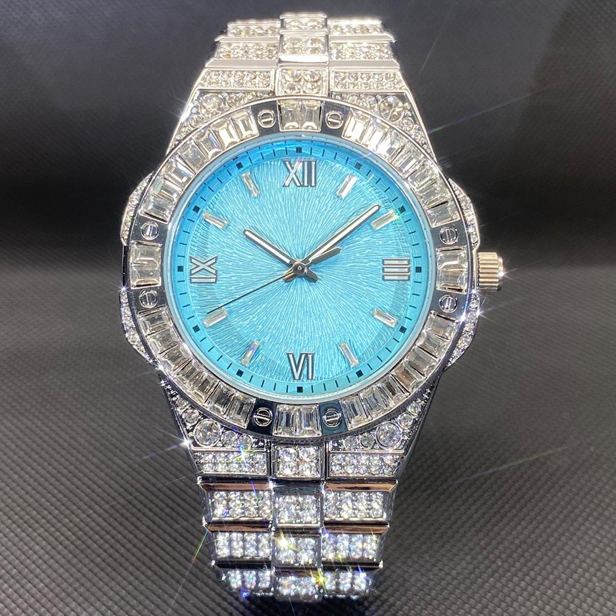 Розовый циферблат Iced Out Часы Полностью Алмазный Безель и Браслет Кварцевые Наручные Часы Роскошные Римские Цифры Модные Часы для Мужчин Женщин серебряный/синий NIBOSI