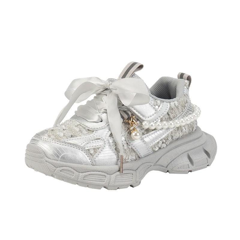 Girls Chunky Sneakers With Pearl Chain Detail Sparkly Princess Style Casual Shoes Kids Ages 4-16 26 insole 16.5cm серебряный Fortune Mall