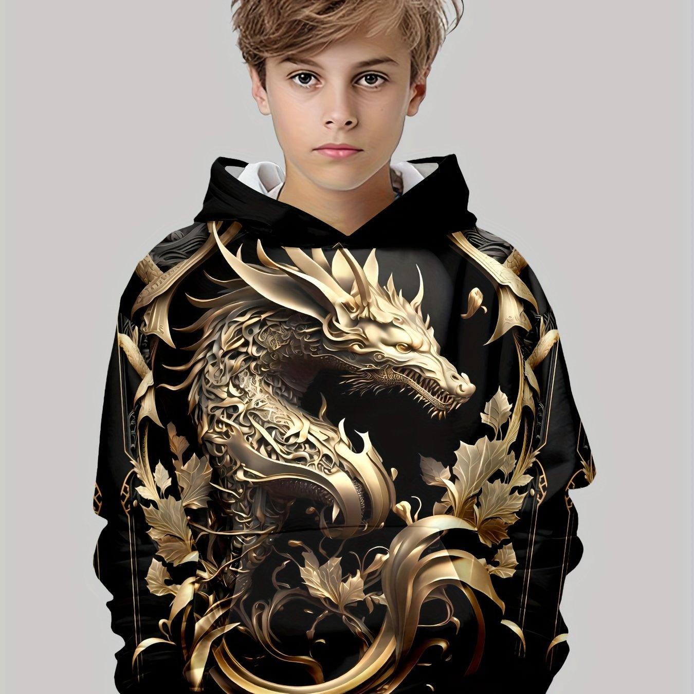 Толстовка с длинным рукавом и ярким 3D-принтом Golden Dragon для мальчиков - модные толстовки со стильным дизайном, уютная флисовая подкладка, 100 чёрный ETST 07