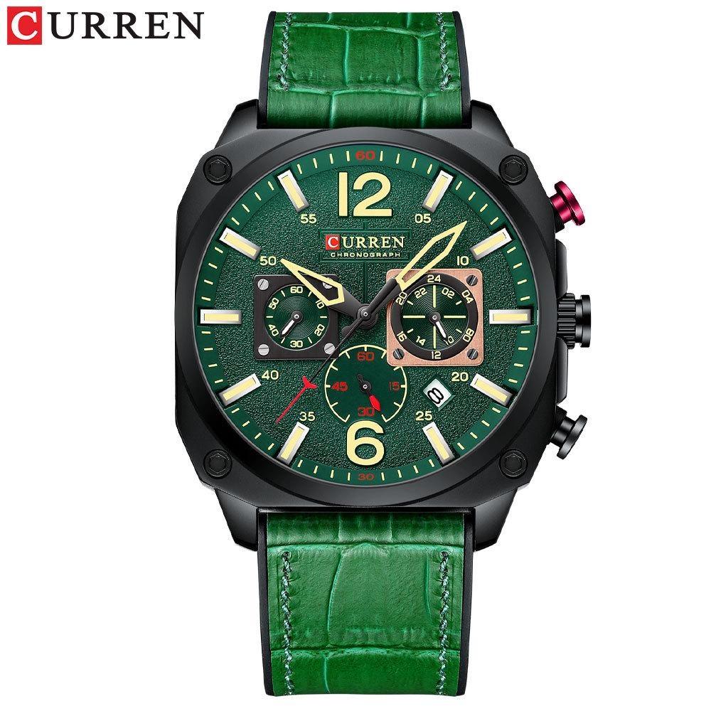 CURREN Men s Leather Watch Square Multifunction Chronograph Quartz Waterproof Fashion Wristwatches зелёный