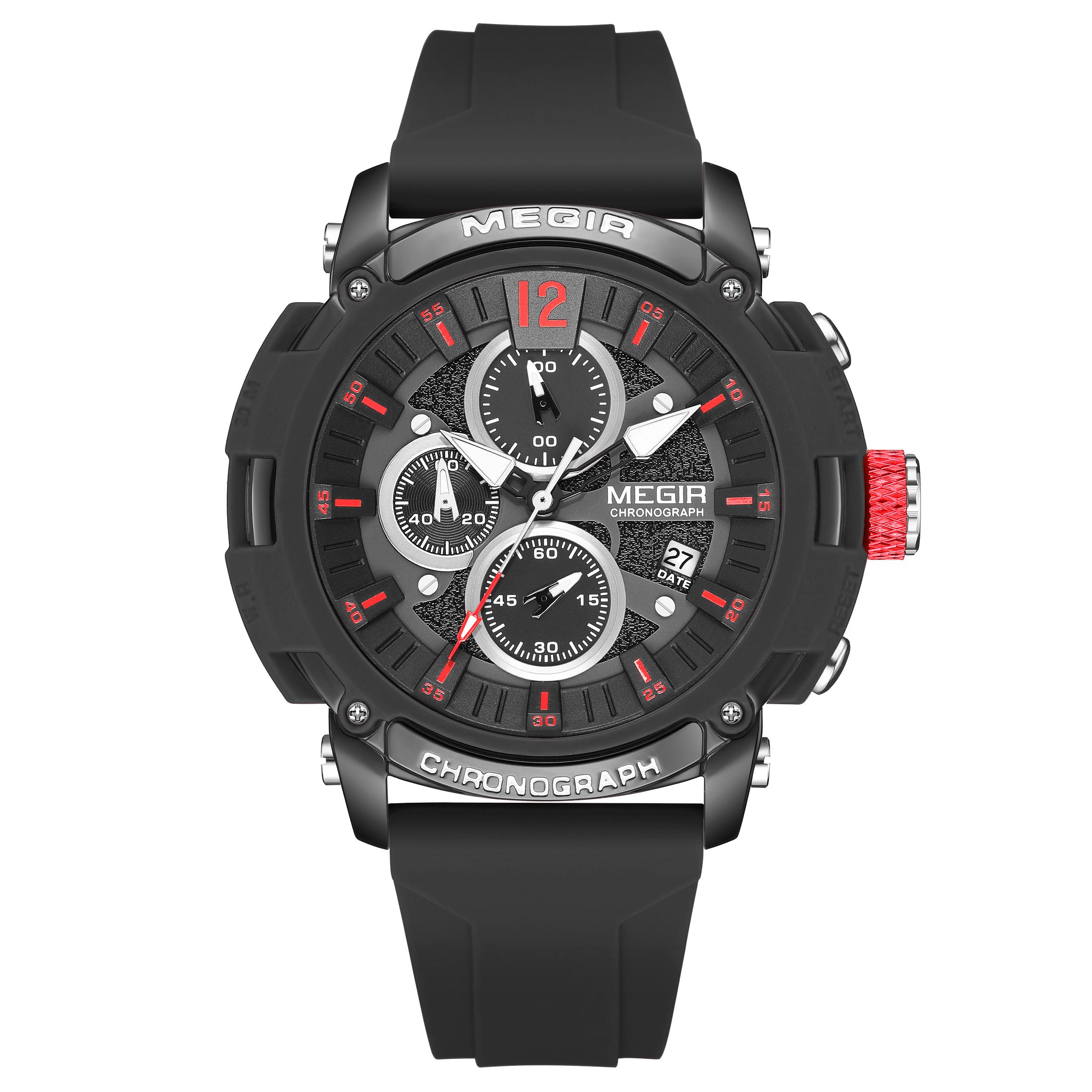 MEGIR Watches for Men Silicone Strap Quartz Chronograph Waterproof Luxury Sport Wristwatch Auto Date Reloj Hombre 2208 чёрный
