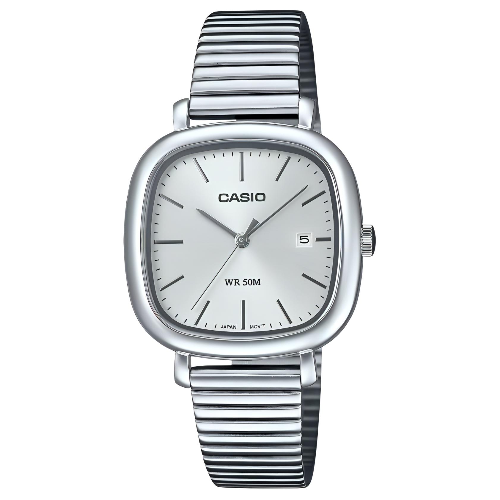 Casio Standard Series Waterproof 50 M Fashion Style Quartz Movement Stainless Steel Strap Watch Women watches Silver LTP-B166D-7AV Silver Dial white