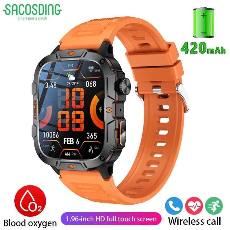 SACOSDING 1.96  BT Call Military Smartwatch Sport Fitness Tracker Heart Rate Monitor Outdoor Bracelet 420mAh Battery Flasher Watch gray SACOSDING Smart Watch