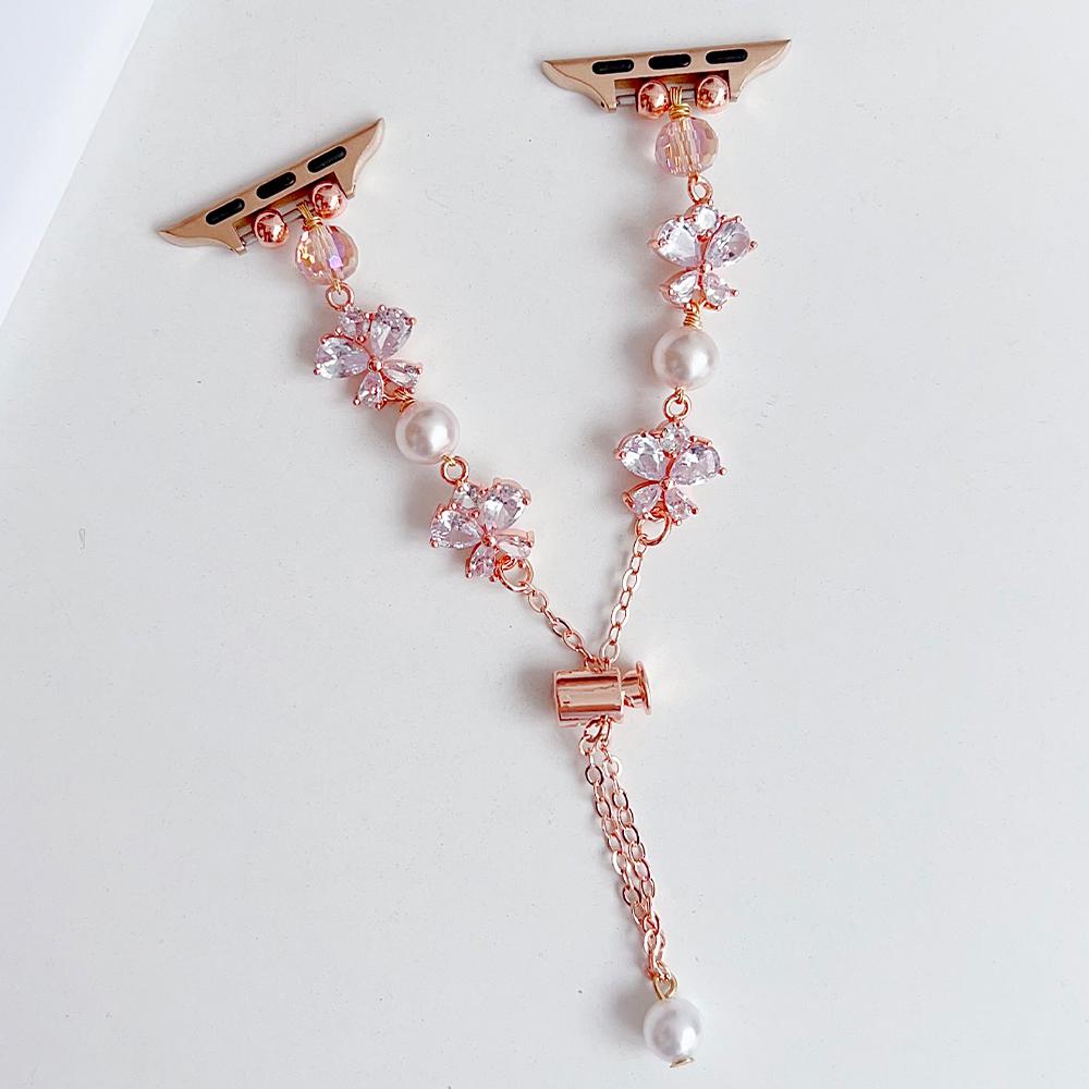 Butterfly Rhinestone Pearl Bracelet Strap for Apple Watch, Adjustable Dressy Women Wristband, Fit iWatch S11 10 9 8, 49/46/45/44/42/41/40/38mm 38/40/41/42S10 ярко-розовый/золотой AgoodPlus