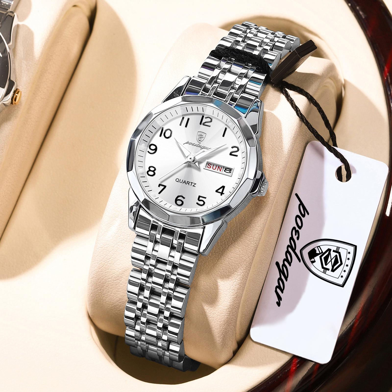 POEDAGAR Elegant Ladies Watches Waterproof Luminous Date Week Watch for Woman High Quality Stainless Steel Quartz Watch серебряный/белый