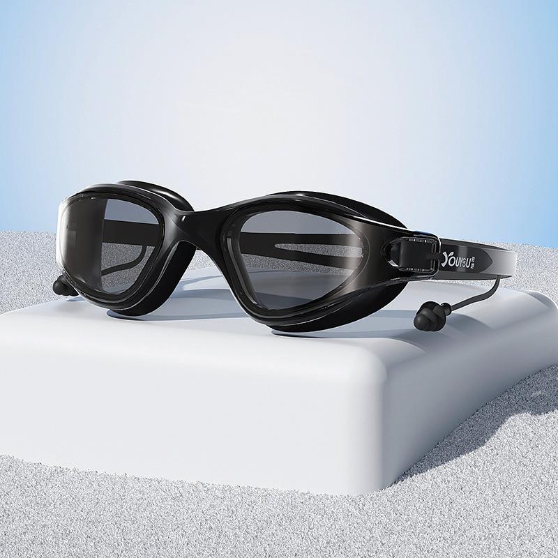 Youyou HD swimming goggles, anti-fog, waterproof, large-frame swimming glasses for men and women, flat-lens swimming goggles set, professional Cool Black【Integrated e black king huwai
