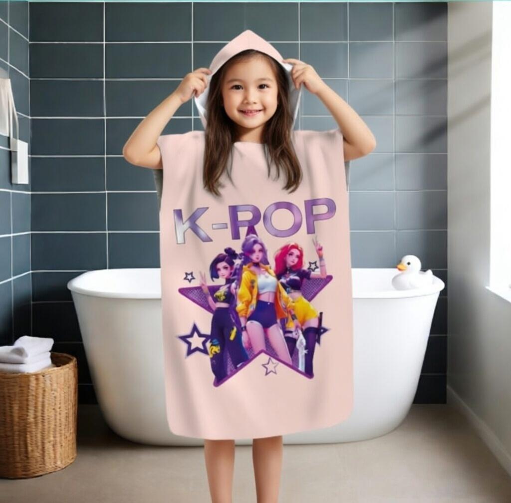 1pc K-POP Group Kids Hooded Beach Towel Cartoon Star Print Quick Dry Microfiber Bath Towel for Swimming Pool Bath W30*H60(CM) white lang pattong