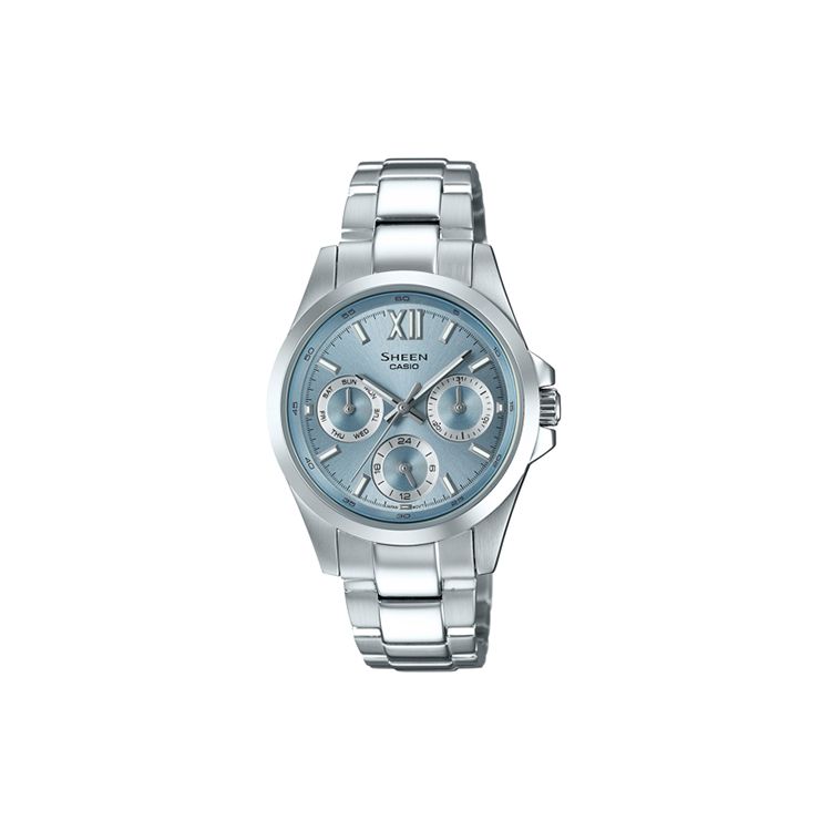 Casio Sheen Series Sapphire Crystal Three Eye Classic Casual Waterproof Business Quartz Watch Women watches Blue SHE-3512D-2AUPR Silver Strap gray
