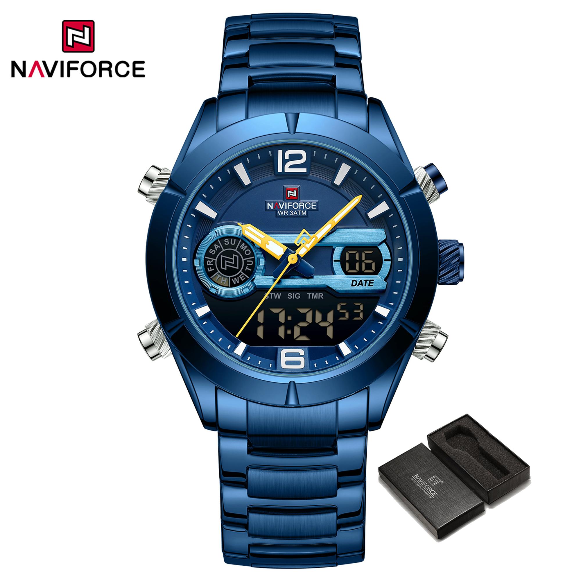 Часы NAVIFORCE для мужчин, модные водонепроницаемые аналоговые цифровые наручные часы из нержавеющей стали со светящимся дисплеем, спортивные часы синий