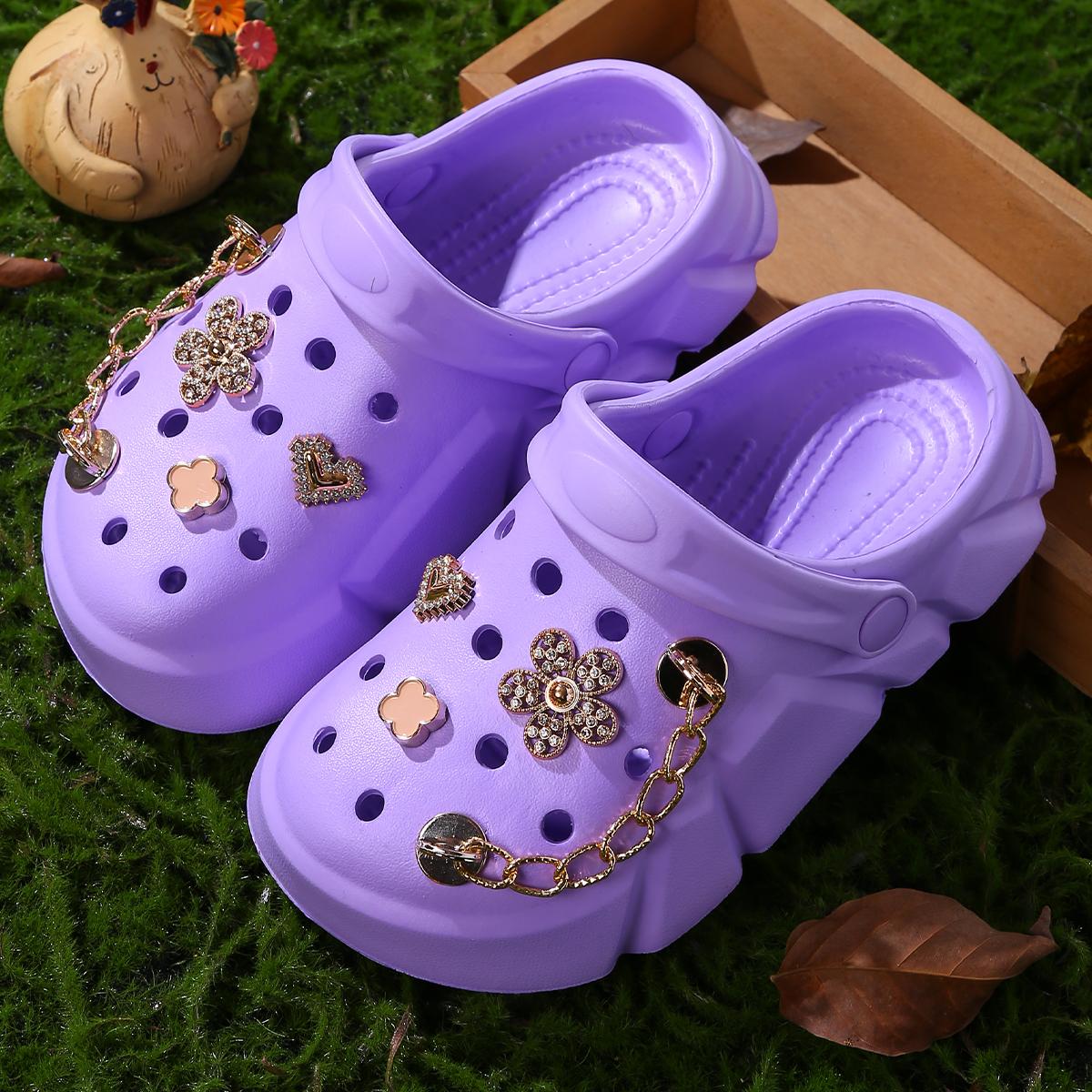 Girls  3D Floral & Chain Decor Clogs, Platform Soft Sole Closed Toe EVA Home Garden Clog Shoes, Breathable Beach Sandals 3057 30 purple MARKET-1