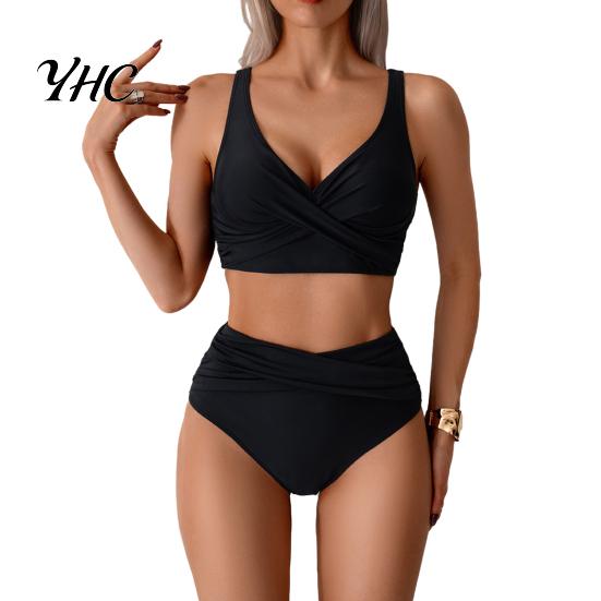Women Split Swimsuit 2Pcs/Set Bikini Set Deep V-Neck Padded No Wire Bra Beachwear High Waist Swimming Trunks Solid Color Design M brown Vantata