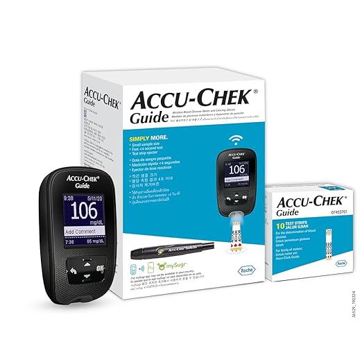 Глюкометр Accu-Chek Guide для измерения уровня глюкозы в крови (с Bluetooth-соединением) Набор с флаконом из 10 полосок, 10 ланцетов blue