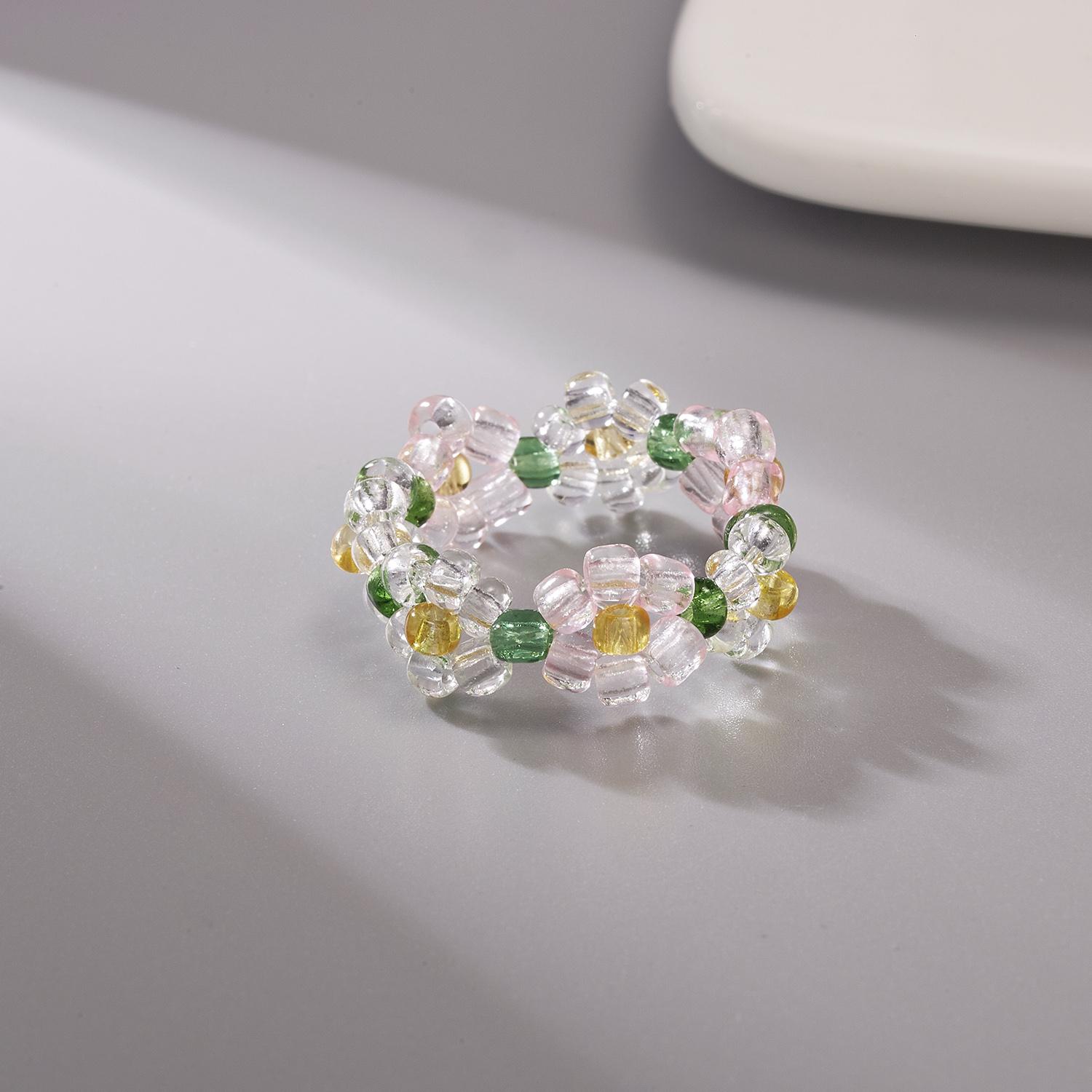 New Korean Sweet Daisy Flowers Colorful Beaded Rings Bohemia Handmade Resin Beads Flower Ring for Women Girls Party Jewelry Gift gray Plain Abode