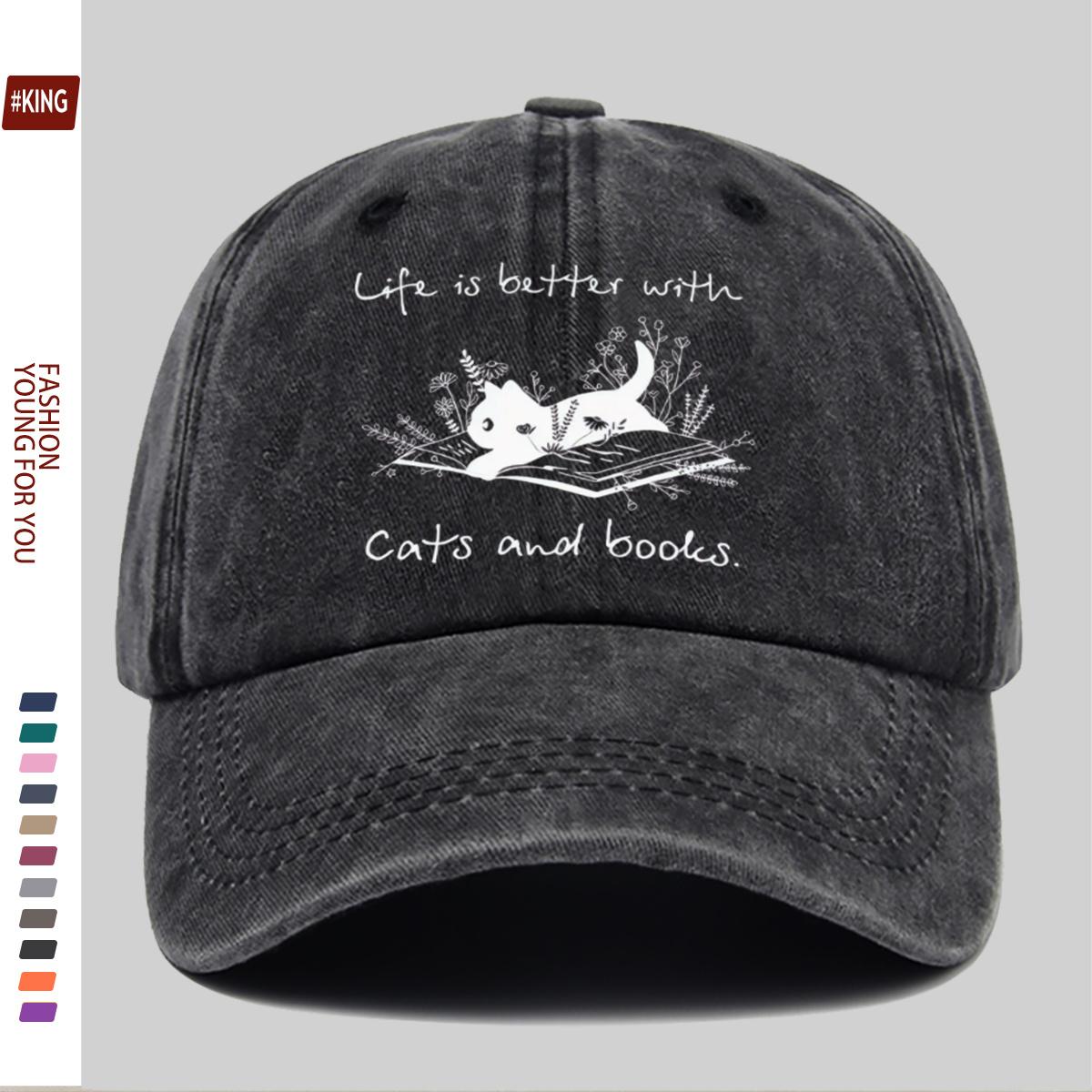 Кепка бейсболка с принтом  Life Is Better with Cats And Books  (Жизнь лучше с кошками и книгами) Иллюстрация кошки и книги Удобная Дышащая 1pc black Zepo cap