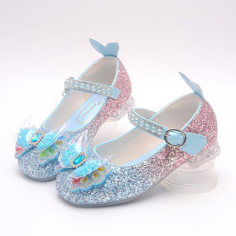 New Spring and Autumn Girls  Princess Shoes Little Girls  Crystal Shoes Children s Gradient Blue Frozen Elsa High Heels 26Code/17cm синий QIANG xie