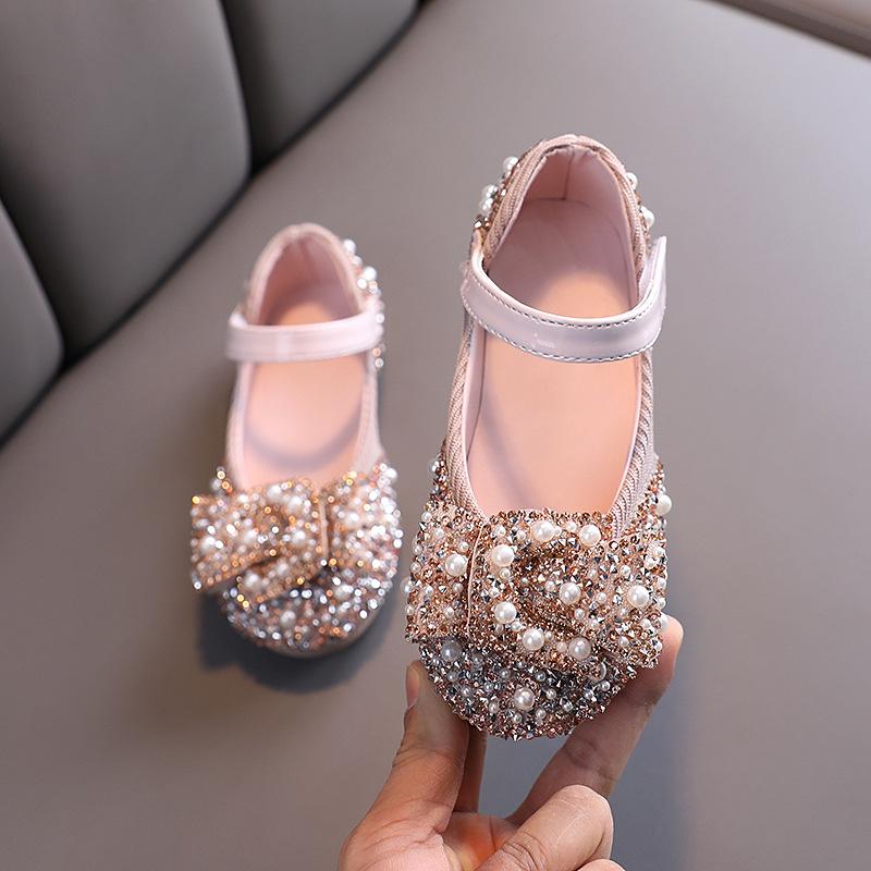 Kids Girls Sandals Fashion Sequins Rhinestone Bow Girls Princess Baby Girl Shoes Children Flat Sandals Size 21-36 21-insole 13.7cm beige ZH1
