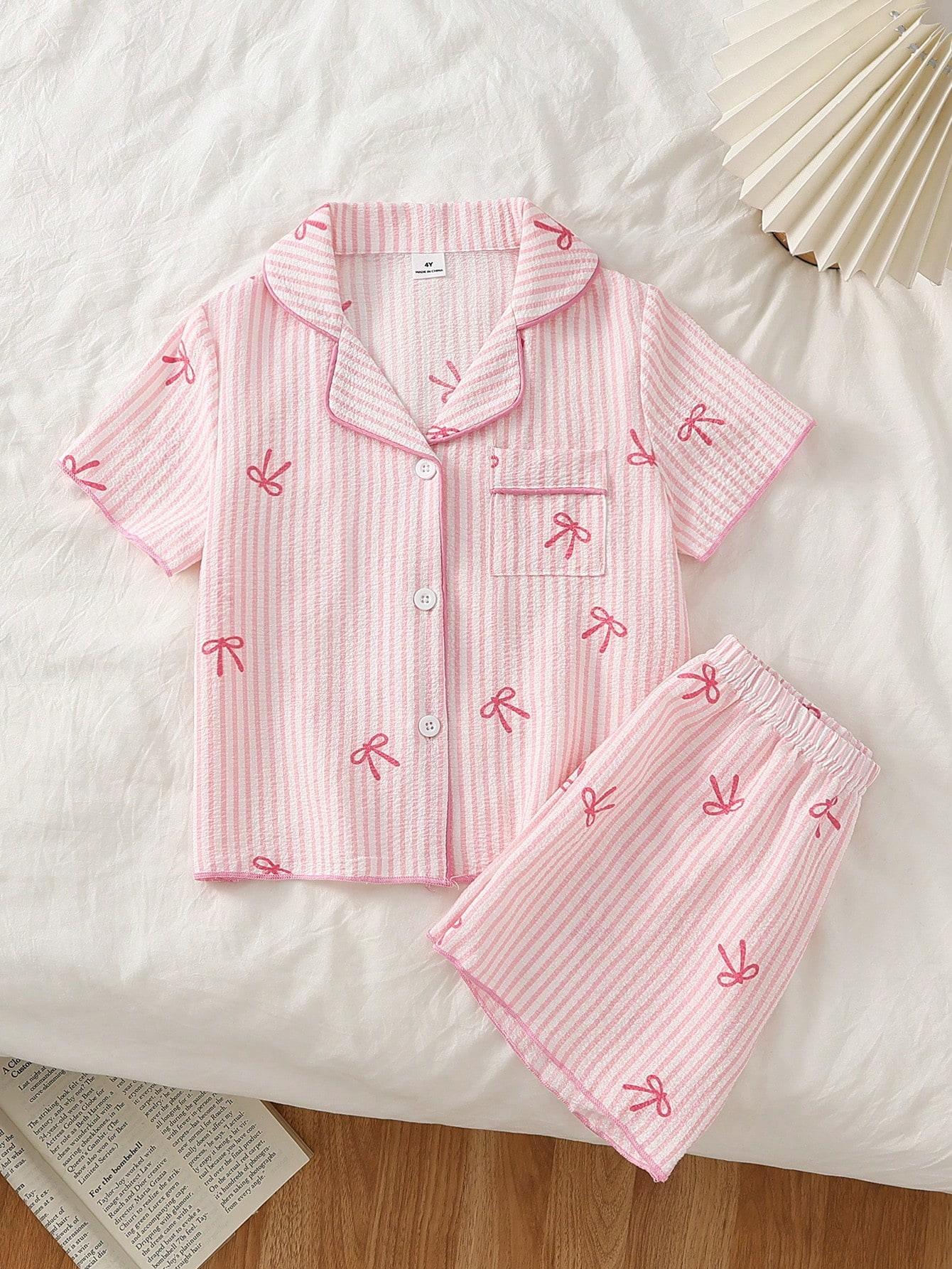 Girls Striped Bow Pajama Short Set, Lapel Button Down Short Sleeve Top & Elastic Waist Shorts Soft Sleepwear for Little Girls 4-7 Years Old 4Y розовый Littlestar Kids