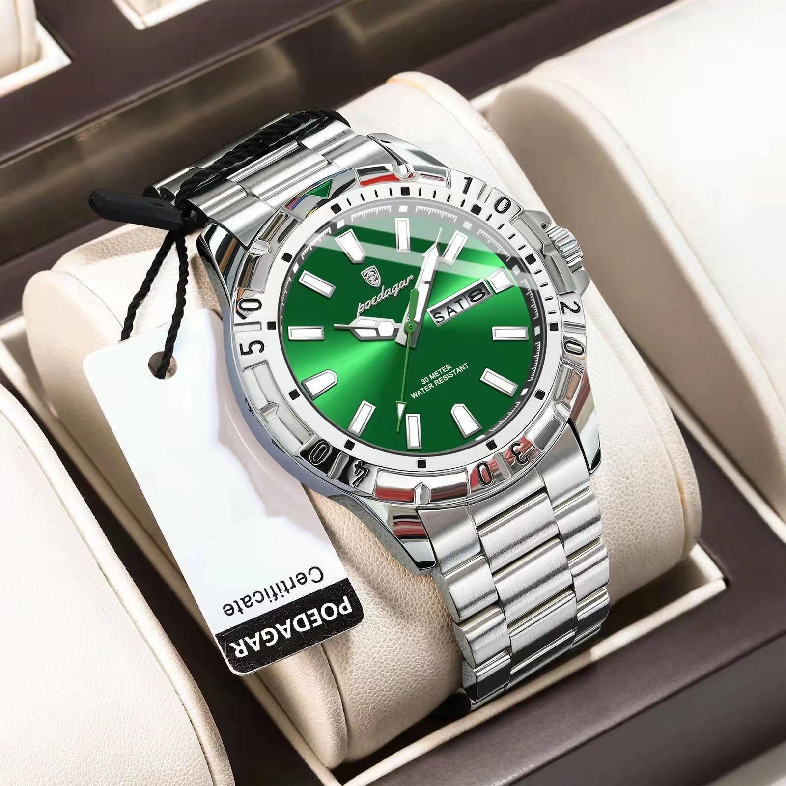 POEDAGAR Luxury Watch for Man Military Sports Men Quartz Watch Waterproof Luminous Date Week Stainless Steel Watches зелёный/серебряный