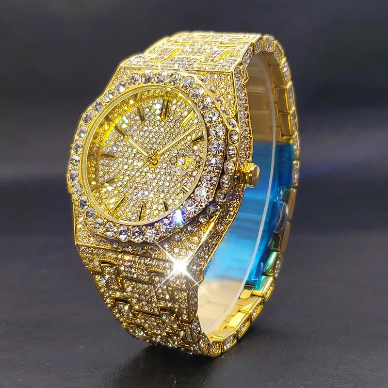 Pffee 18K Золотые Кварцевые Часы Для Мужчин Восьмиугольные Роскошные Алмазные Мужские Серебряные Часы С Большим Циркониевым Безелем Модные Хип-Хоп Наручные Часы beige Pffee Watch
