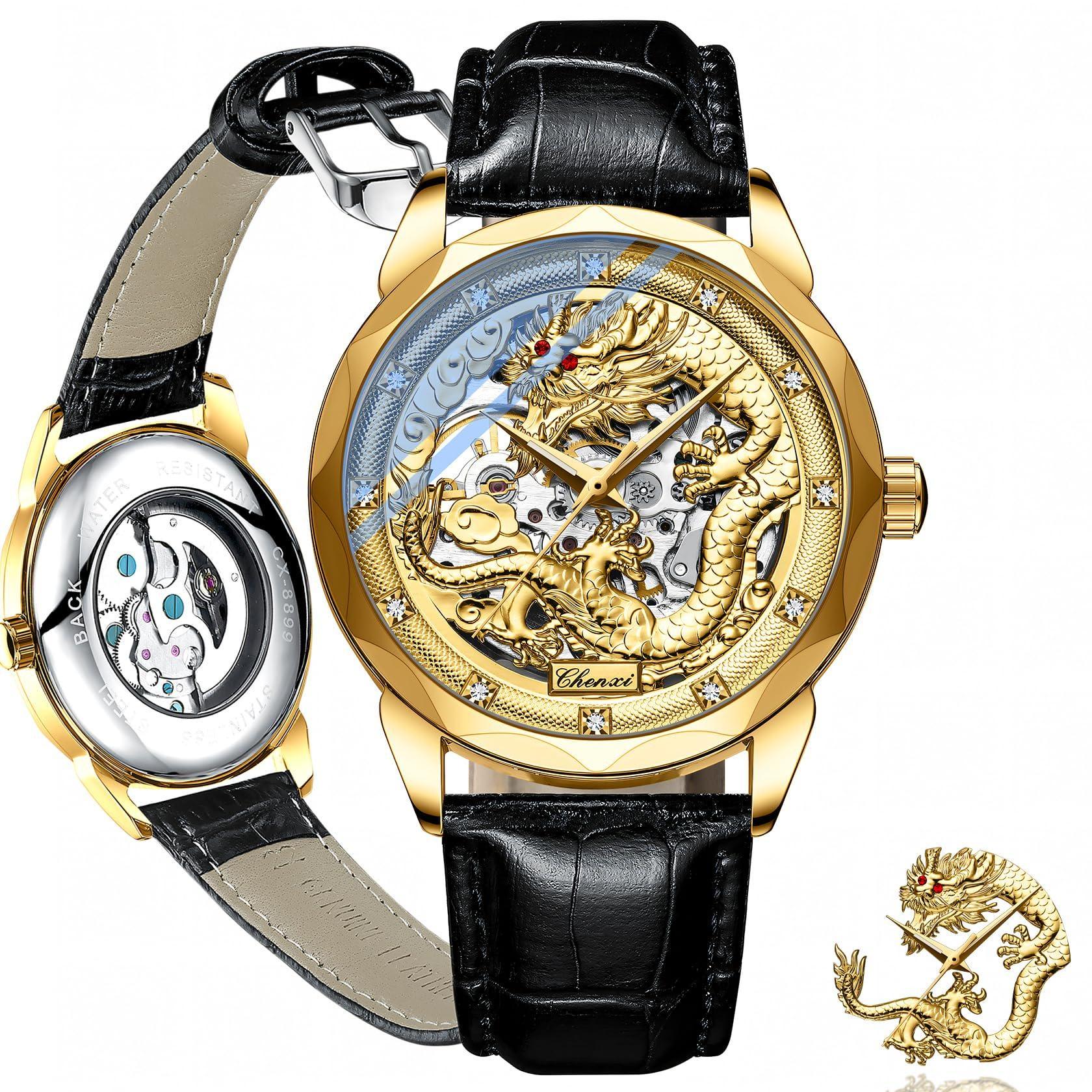 CHENXI Mens Wristwatch 3D Golden Dragon Mechanical Watch for Man Dragon Dial Waterproof Luminous Stainless Steel Automatic Watches чёрный/золотой