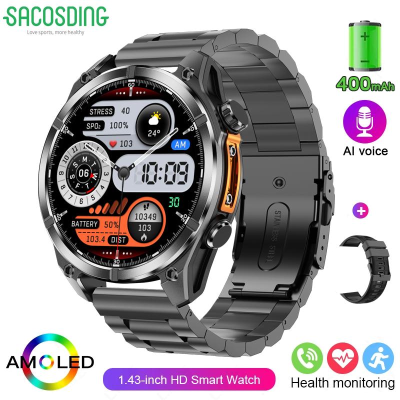 Новые умные часы 466*466 1.43 AMOLED Full Touch Screen IP68 Водонепроницаемый GPS 400mAh High Battery Compass 170+ Sports Modes для мужчин black SACOSDING Smart Watch