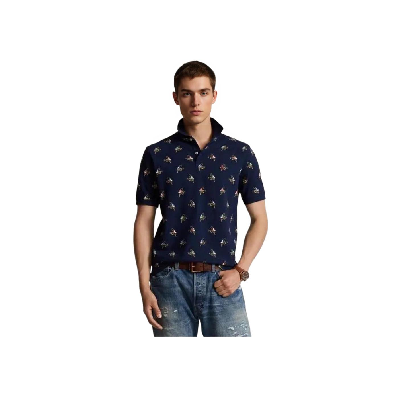 Polo Ralph Lauren Patterned Button Casual Polo Shirt Short Sleeve Men tops Blue 710953523-001 L black