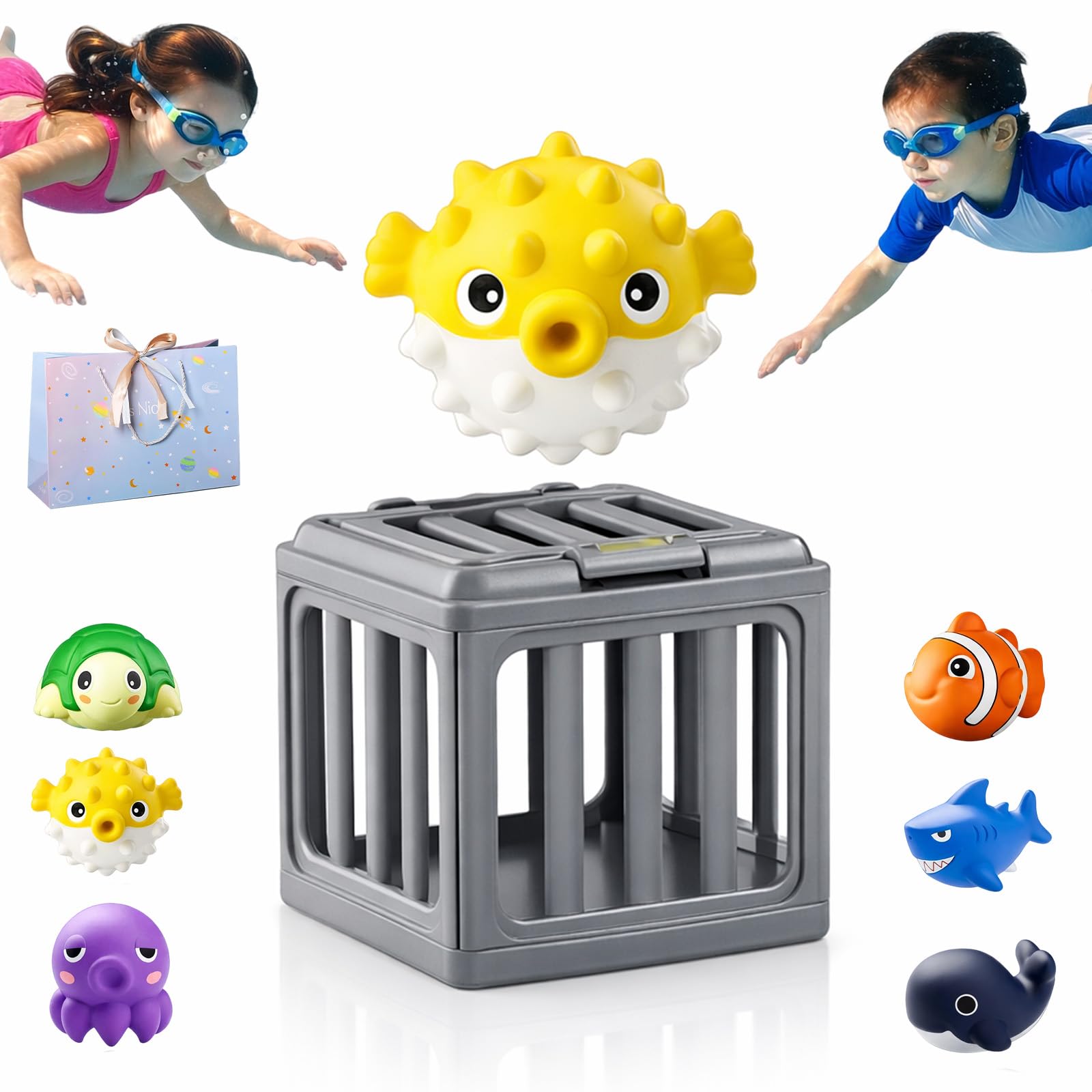 Seek and Splash Pool Game, Kids Pool Diving Toys with Animals Floating Easy Release, Abs, Water Swimming Dive Pool Game, Toddler Bath Toy Play Set gray SHTZZCA