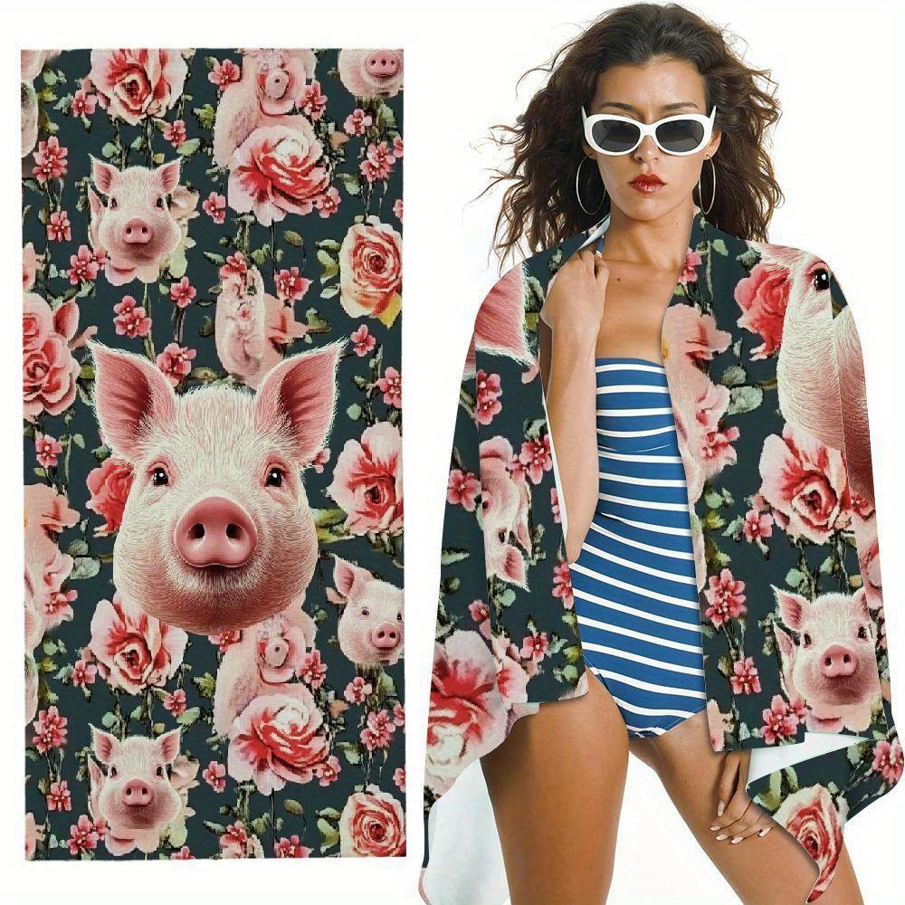 Cute Pig Floral Pattern Multiple Size Beach Towel Quick Dry Anti-Sand Soft Skin Friendly Unisex for Swimming Travel Camping W30*H60(CM) white Lampada