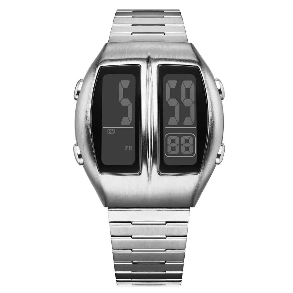 2026 Новые Цифровые Спортивные Унисекс Часы Подсветка Секундомер Будильник Модные Электронные Мужские Наручные Часы с Ремешком из Нержавеющей Стали Дата серебряный QINGLONG GOODS