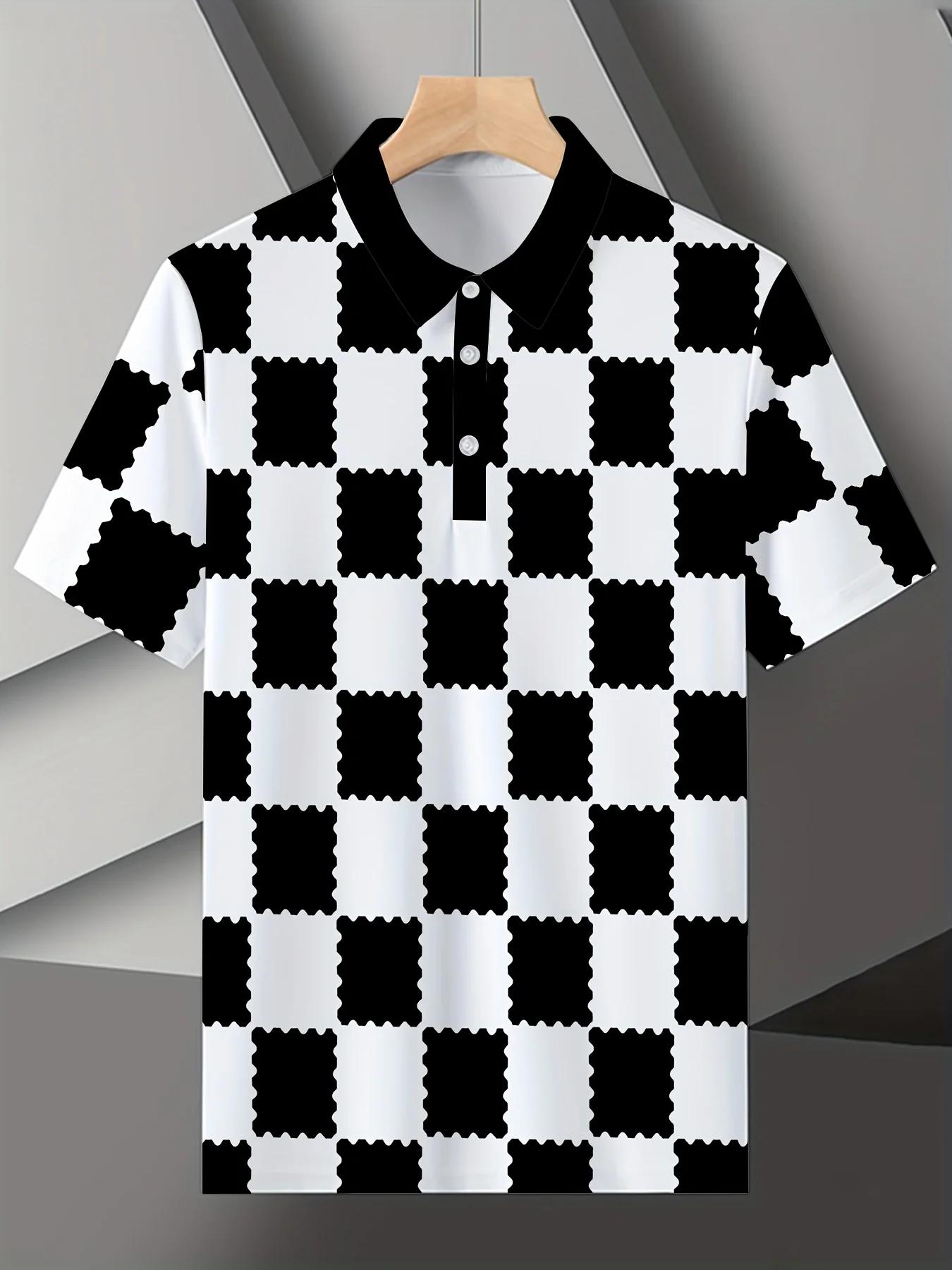 Men’s Black White Checkerboard Lapel Polo Shirt Short‑Sleeve Fashion Casual Daily Office Tops with Button Placket S black chenxifushi
