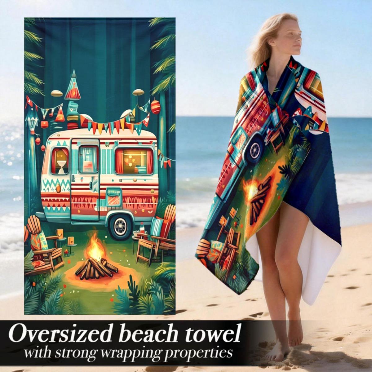 Vintage Campsite Oversized Beach Towel Patterned Sunscreen And Windproof Suitable For Swimming Pool Camping Travel Blanket W30*H60(CM) brown lang pattong