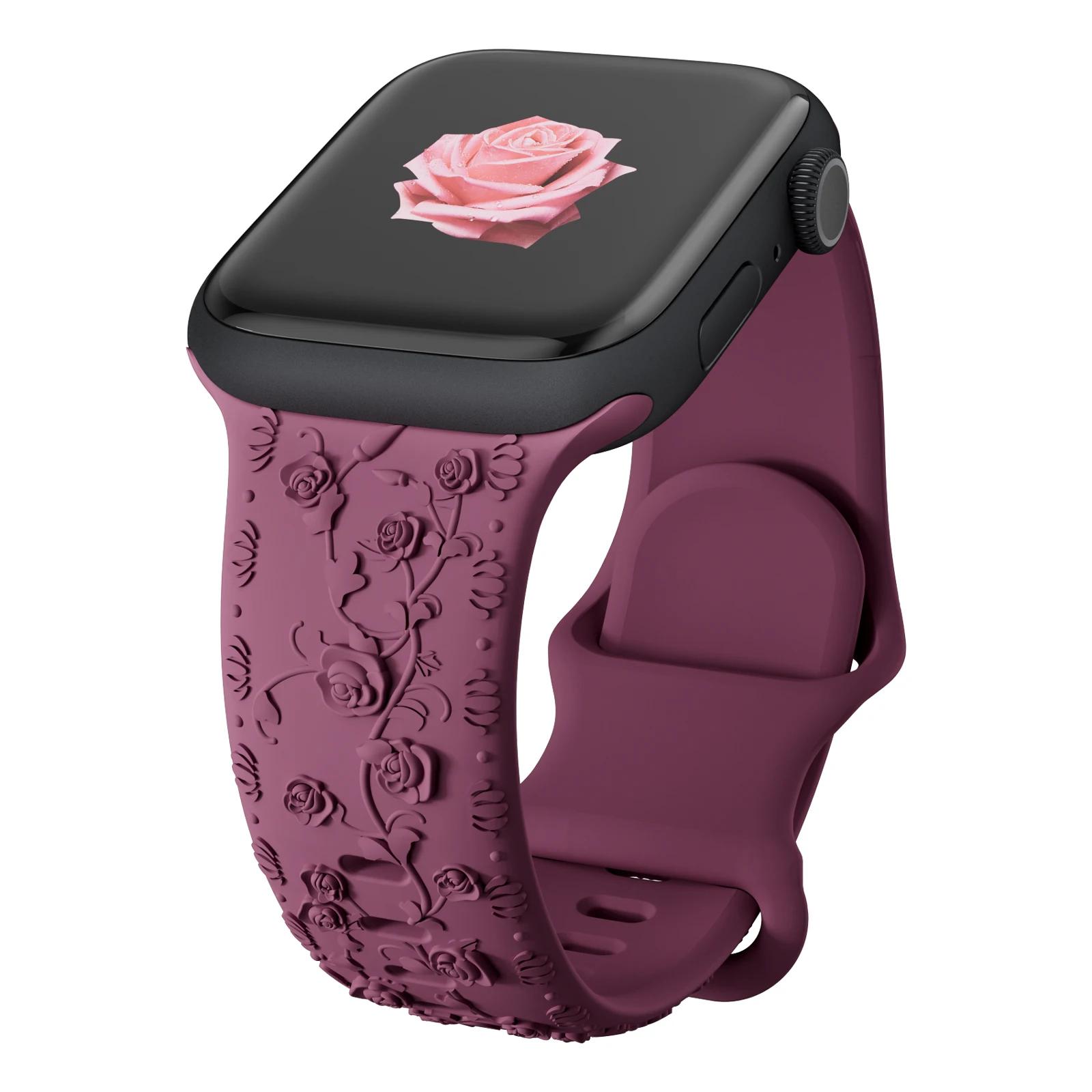 Цветочные гравированные ремешки для Apple Watch band 44мм 40мм 45мм 41мм 49мм 42 46мм браслет correa iWatch Series 8 7 3 9 ultra 2 SE 10 41 40 38mm 42mm-S10 вишня Aura Living