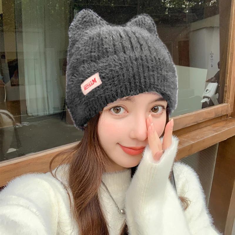 New Women Cute Cat Ear Earflap Winter Hat Fashion Faux Fur Knitted Hat Kpop Style Soft Beanie Hats Candy Female Streetwear Cap 54cm-58cm темно серый MM-ZHP