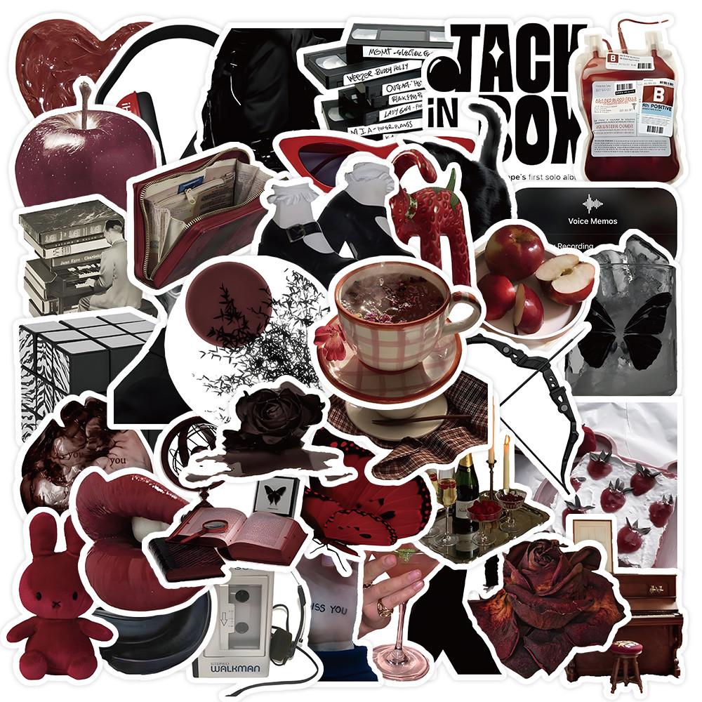 50 Pieces Red & Black Themed Stickers - Decorative Decals for Journals, Phone Cases & Laptops RecordingYourLife Store gray Prettiest Time