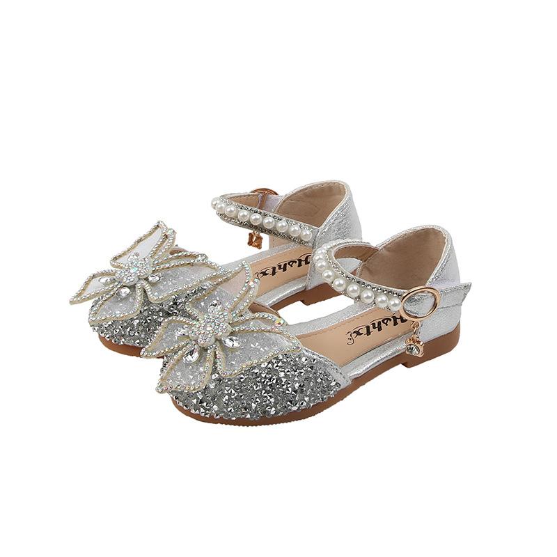 SandaliaSuper Beauty Girl Shoe2024Summer New Bow Princess Shoes Fashion Sandals Soft Sole Dance Shoes Banquet Shoes Casual Kid Shoes 21 insole13.3cm серебряный Sole Style