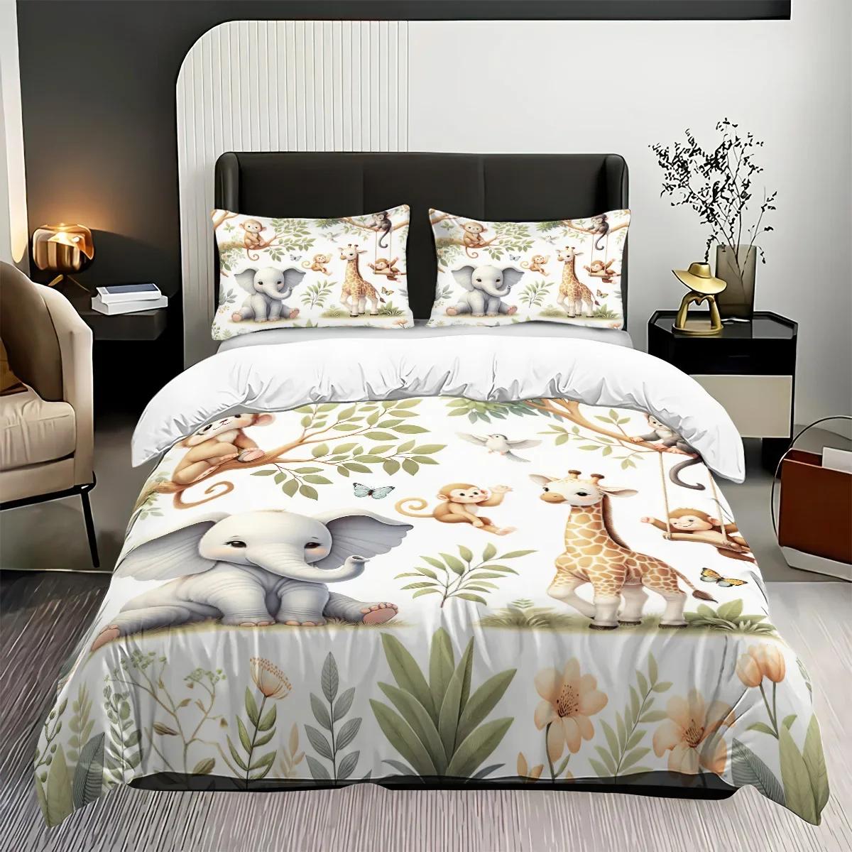 Cartoon Zoo Pattern Print,  3pcs Duvet Cover Set King Size,1 * duvet cover+2 pillowcases-Bedding Set for Bedroom,Hotel US Twin(172x218cm) gray Minimalist Home