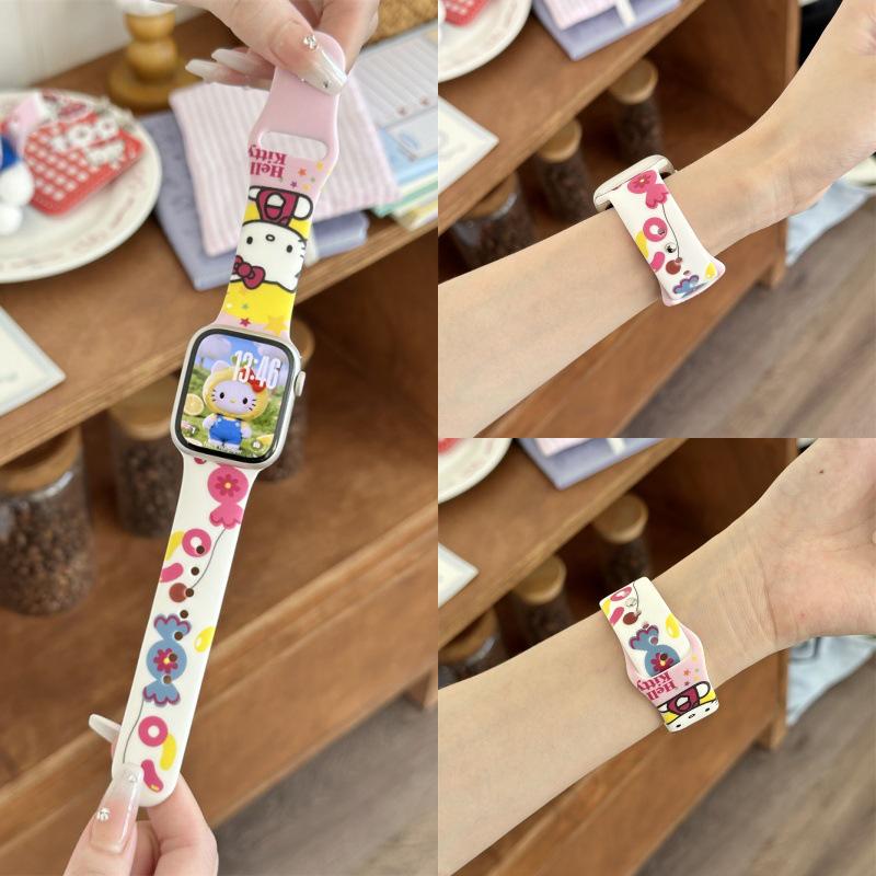 Мультяшный силиконовый ремешок с пряжкой для Apple Watch Series 10/9/8/SE Fits 44mm/45mm/49mm and 42mm Series 1, 2, 3 white Chose One
