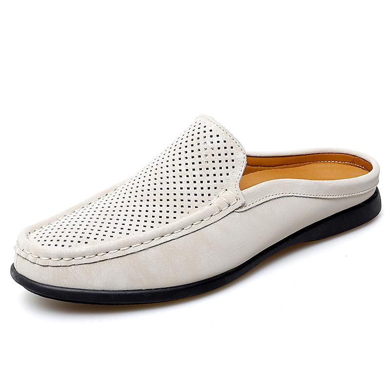 Мужские черные/бежевые кожаные дышащие полутапочки Bean Shoes Мужские тапочки без каблуков Lazy Peas Shoes Удобные мокасины без застежек 38 бежевый Foot Finesse