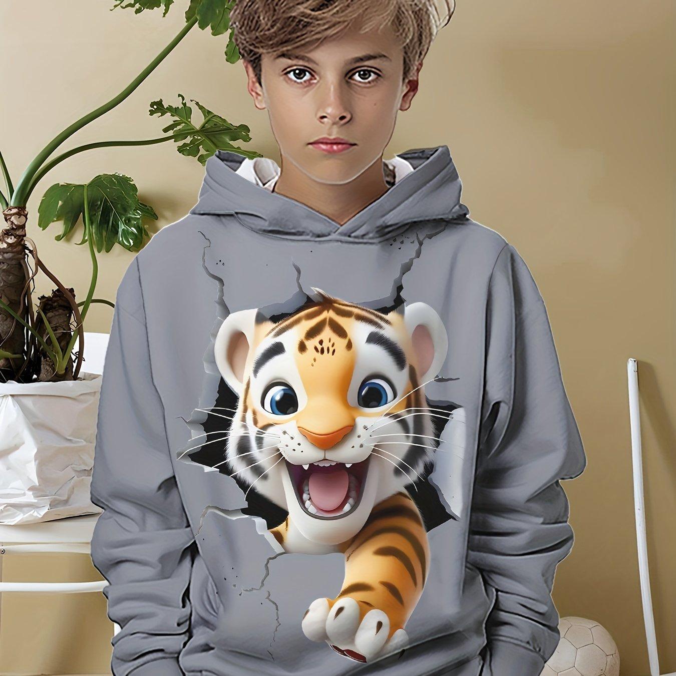 Толстовка с капюшоном Cool Cartoon Tiger 3D Print для мальчиков - повседневный свитер с длинными рукавами для весны и осени 100 gray ETST 006