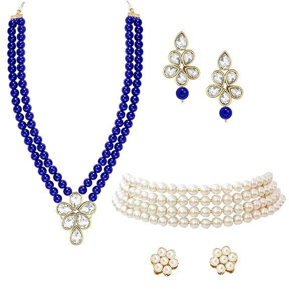 Подарочный набор украшений Kundan с искусственным жемчугом и кристаллами для женщин и девочек blue Navya Export
